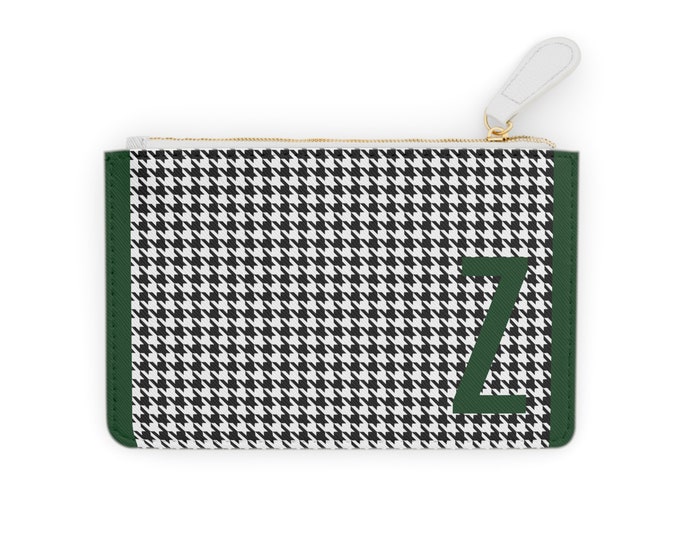 Houndstooth Forrest Green Detail Initialized, Z Initial, Personalized Mini Clutch Bag, Womens Zippered Card Holder
