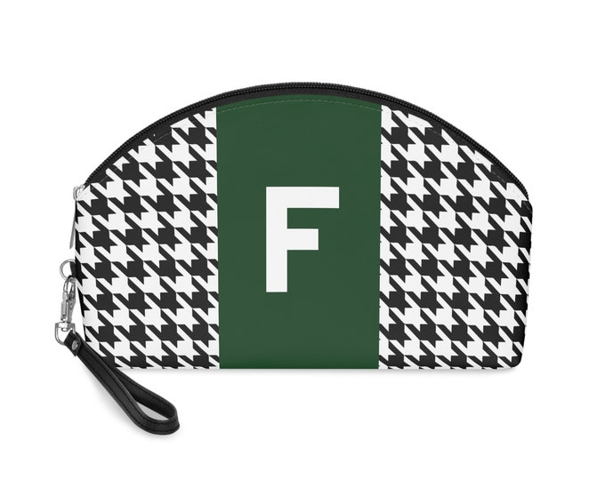 Forrest Green, Black, and White Houndstooth patterned Makeup Bag, Personalized with Initial F, Her Makeup bag, Initialized