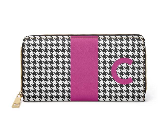 Houndstooth Black and White with Magenta C Initialized Detail Womens Zippered Wallet, Personalized, Initialized, Womens