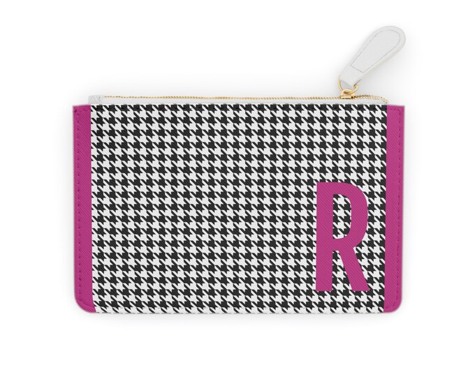 Houndstooth Magenta Initial H Mini Clutch Bag | Personalized R Zippered Wallet | Vegan Card Holder | Gift for Her | Iron Woman 80
