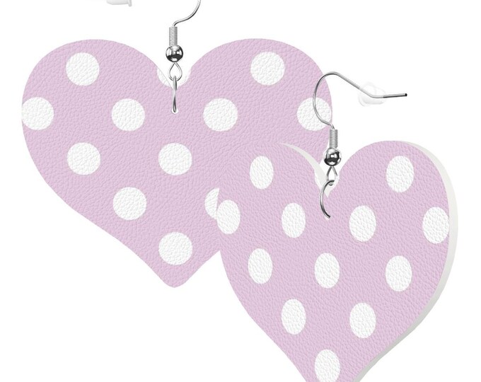 White Polka Dot Pink Heart Shape Leather Earrings