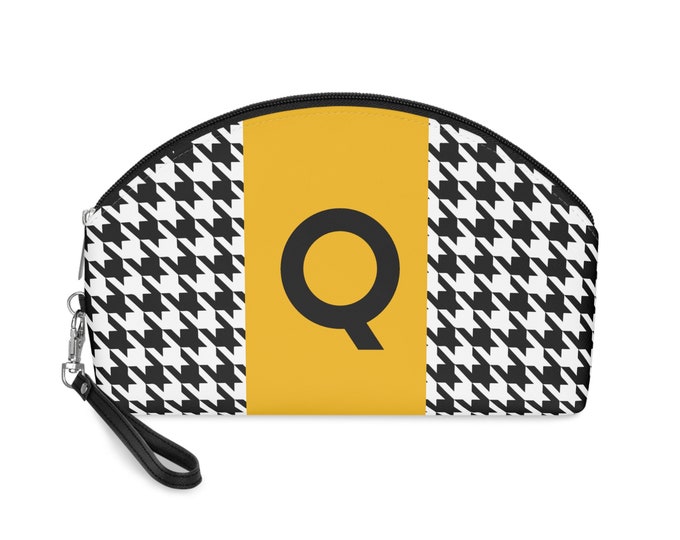 Marigold, Black, and White Houndstooth patterned Makeup Bag, Personalized with Initial Q, Her Makeup bag, Initialized