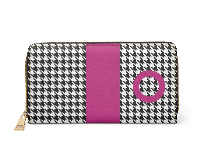 Houndstooth Black and White with Magenta O Initialized Detail Womens Zippered Wallet, Personalized Wallet, Initialized, Womens Wallet