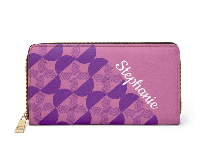 Pink and Purple Womens Wallet, Mid Century Modern Patter, Personalized with your Name, Zippered Wallet