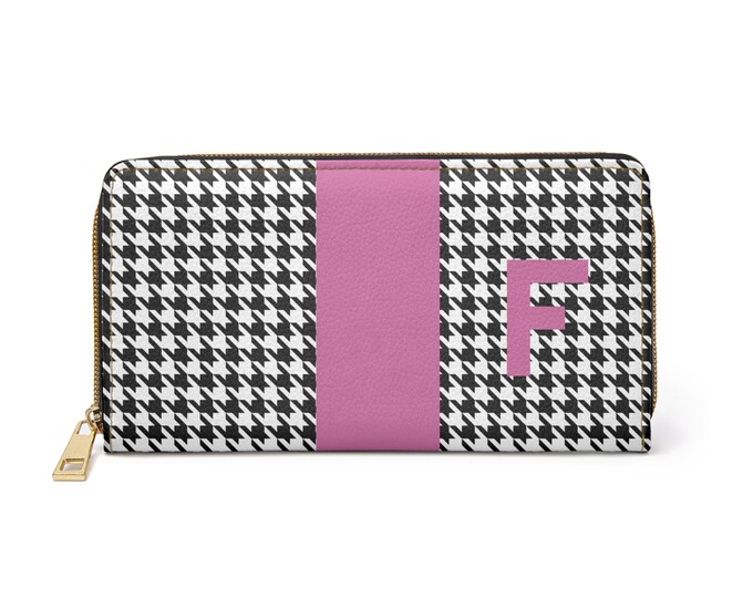 Houndstooth Black and White with Pink F Initialized Detail Womens Zippered Wallet, Personalized Wallet, Initialized, Womens Wallet