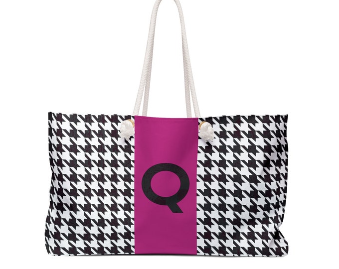 Houndstooth Black, White and Magenta, with Black Q Initialized Detail Womens Weekender Tote Bag, Personalized Bag, Initialized Handbag