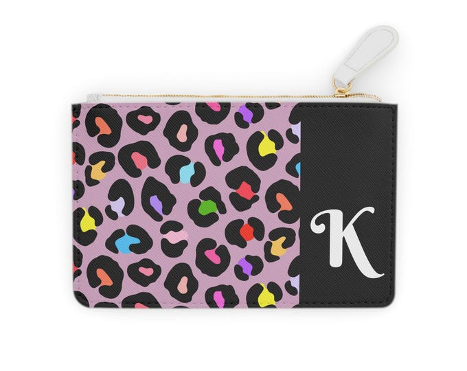 Rainbow Leopard Initial K Mini Clutch Bag – Pink & Black Cardholder, Personalized Vegan Leather Wallet Gift for Her