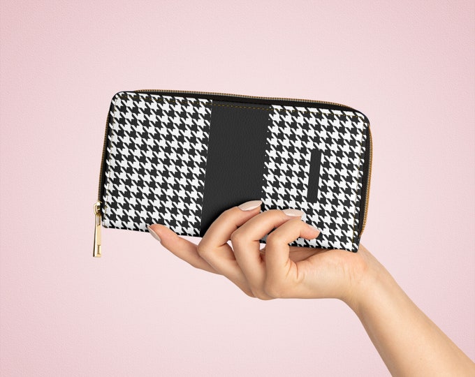 Houndstooth Black and White with Black, I Initialized Detail Womens Zippered Wallet