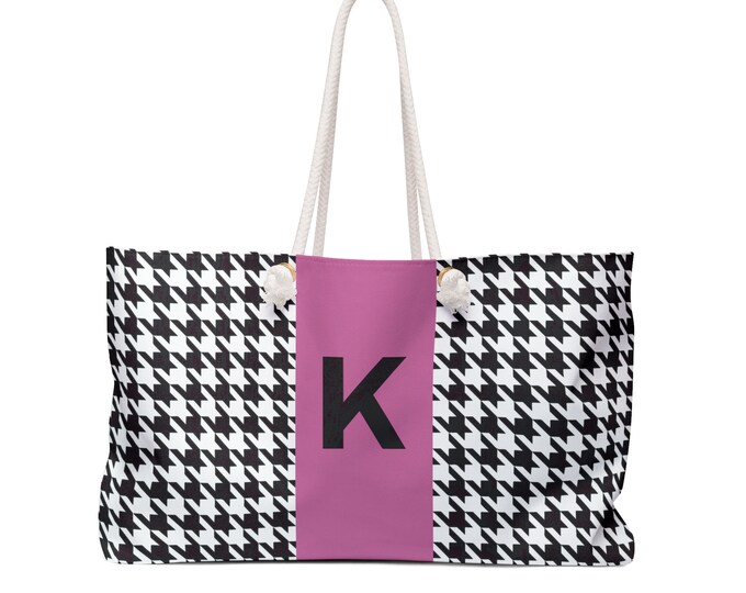 Houndstooth Black, White and Pink, with Black K Initialized Detail Womens Weekender Tote Bag, Personalized, Handbag