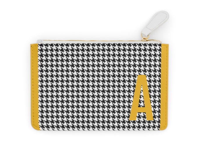 Houndstooth Marigold Detail Initialized, A Initial, Personalized Mini Clutch Bag, Womens Zippered Card Holder