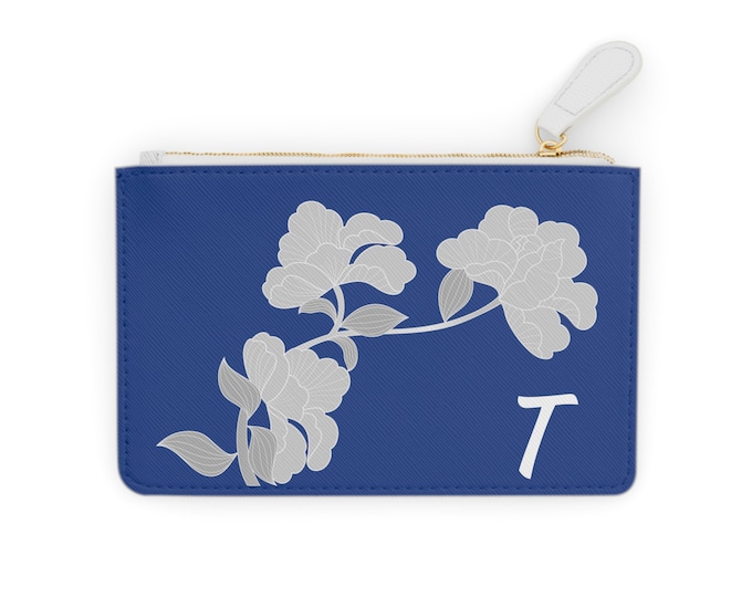 White and Blue Womens Floral Small Wallet, Personalized with your Initial, Zippered Cardholder, Initial T, Mini Clutch Bag
