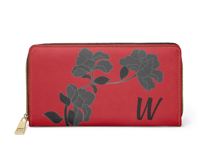 Red & Black Floral Wallet | Personalized Initial W Zippered Women’s Wallet | Custom Gift for Her | Stylish Faux Leather
