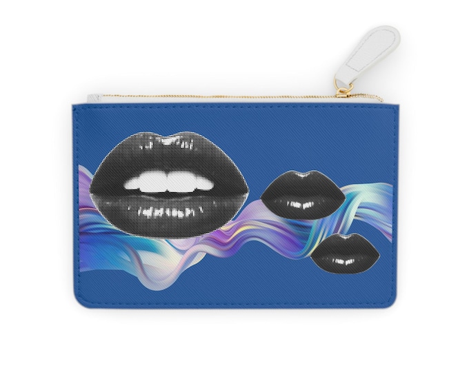 Black Glossy Lips Wave Mini Clutch Bag | Blue Lip Art Pouch