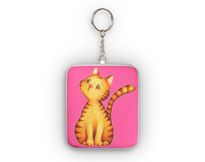 Orange Tabby Cat Plush Keychain - Kitten on Pink
