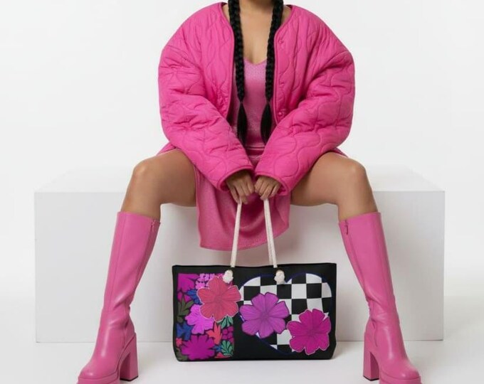 Checker Heart Floral Black | Pink Purple Flowers Weekender Bag