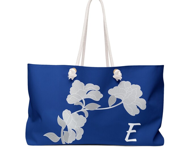 Floral Weekender Tote: Blue & White, Personalized Initial Bag