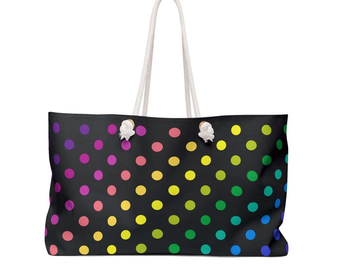 Rainbow Polka Dot Weekender Bag | Black Canvas Travel Tote