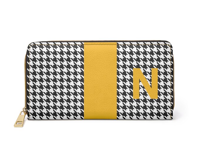 Houndstooth Black and White with Marigold N Initialized Detail Womens Zippered Wallet, Personalized Wallet, Initialized, Womens Wallet