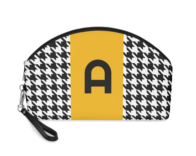 Marigold, Black, and White Houndstooth patterned Makeup Bag, Personalized with Initial A, Her Makeup bag, Initialized