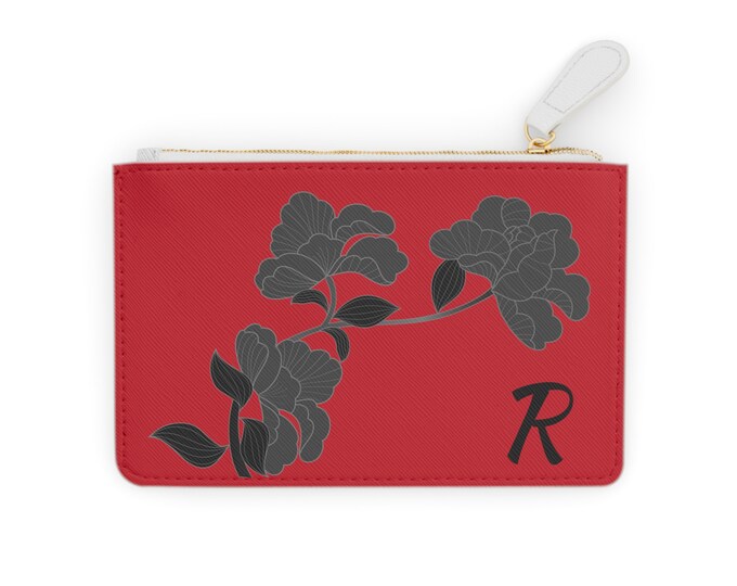 Red and Black Womens Floral Small Wallet, Personalized with your Initial, Zippered Cardholder, Initial R, Mini Clutch Bag