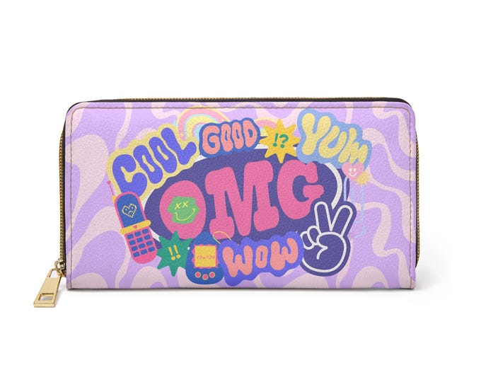 90s Pop Sticker Collage Zipper Wallet | Retro OMG Peace Sign Design