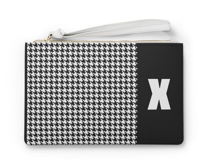Black and White with your Initial, Choose X-Z, Stylish Houndstooth Clutch Bag, Trendy Accessory for Women
