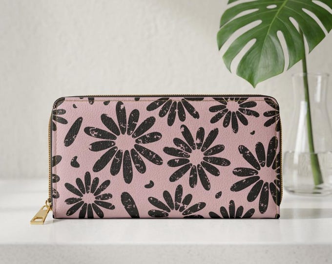 Black Daisy Pattern Zipper Wallet | Pink Floral Zip Around Wallet