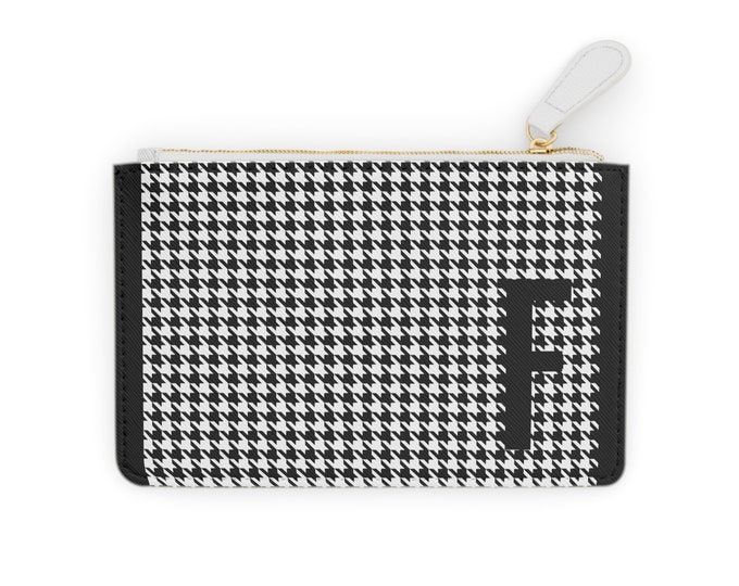 Houndstooth Black Mini Clutch – Personalized with Initial F | Vegan Leather Zippered Card Holder | Gift for Her | Stylish Mini Wallet