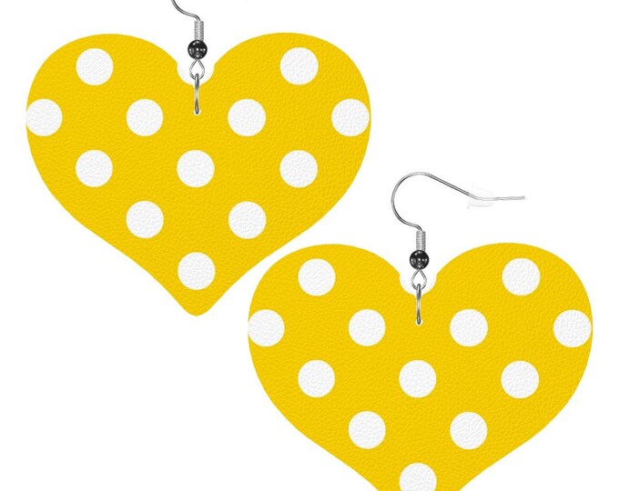 White Polka Dot Yellow Heart Shape Leather Earrings