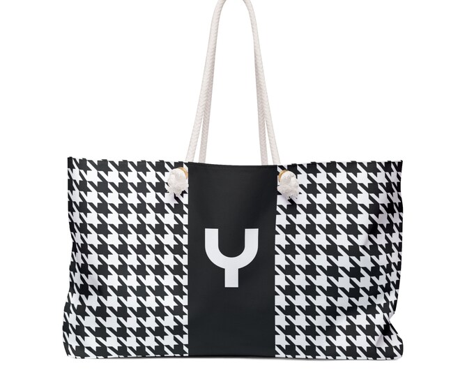 Black, and White with Black Y Bag, Initialized Detail Womens Weekender Tote Bag, Personalized Bag, Initialized Handbag