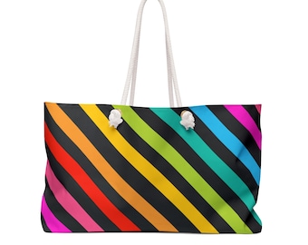 Rainbow Diagonal Stripes Weekender Bag | Colorful Neon Tote