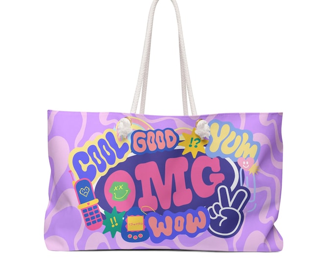 OMG Retro Sticker Collage Weekender Bag | Purple 90s Pop Art