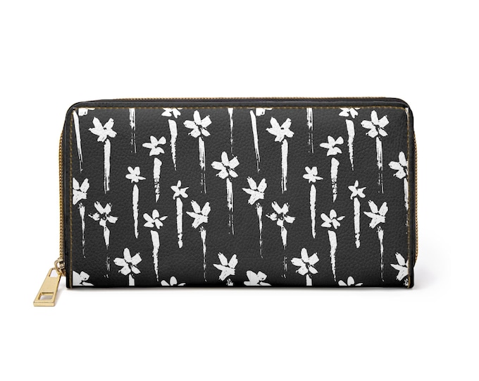 Handpainted White Floral Pattern Zipper Wallet | Black Floral Wallet