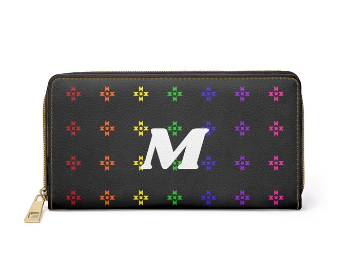 Rainbow Native Stars Wallet | Personalized Zipper Wallet with Initial M | Faux Leather Gift for Her | Colorful Indigenous Style Purse