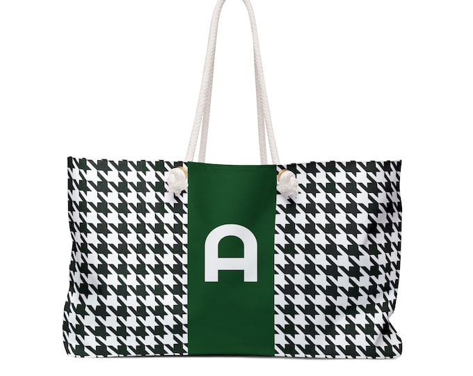Houndstooth Black, White and Forrest Green, with Black A Initialized Detail Womens Weekender Tote Bag, Personalized Bag, Initialized Handbag