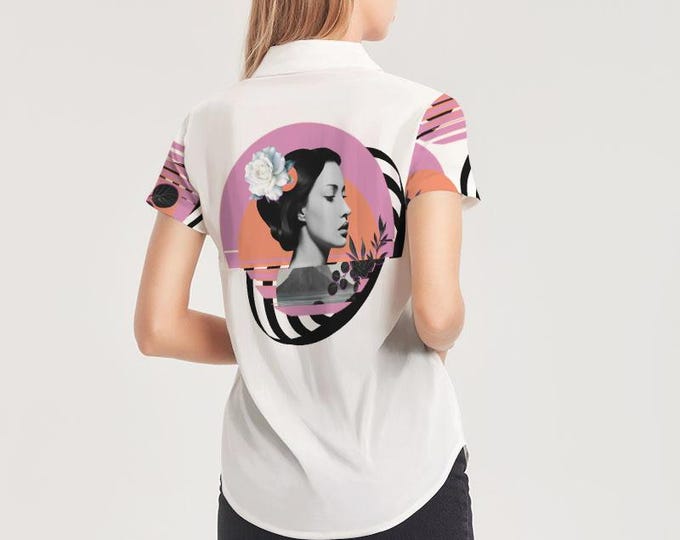 Women's Abstract Print Button-Up Shirt, Short Sleeve Collared Blouse, Sustainable Lightweight Top, Bold Art Shirt, Made to Order