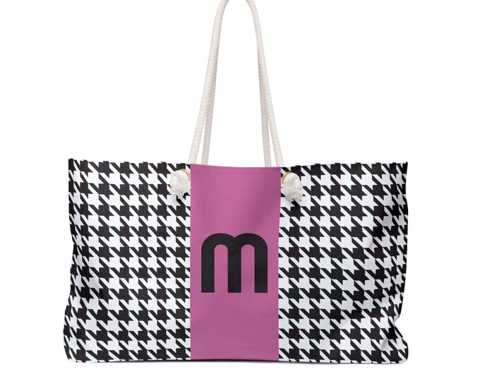 Houndstooth Black, White and Pink, with Black M Initialized Detail Womens Weekender Tote Bag, Personalized Bag, Initialized Handbag