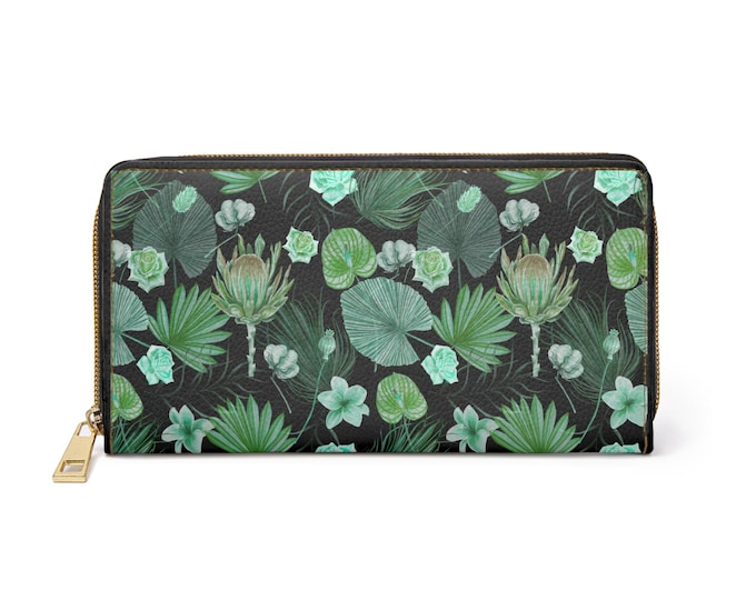 Green Tropical Lotus Pattern Zipper Wallet | Botanical Leaf Print