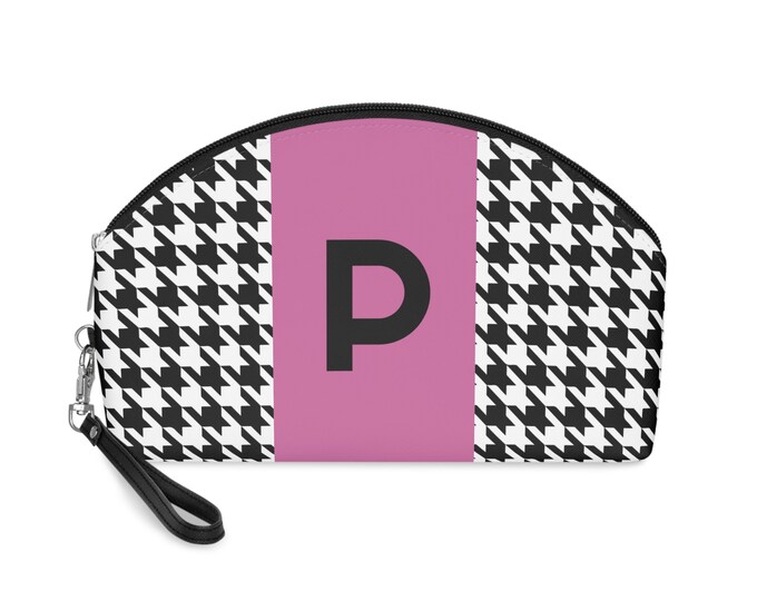 Pink, Black, and White Houndstooth patterned Makeup Bag, Personalized with Initial P, Her Makeup bag, Initialized