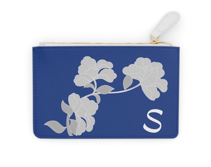 White and Blue Womens Floral Small Wallet, Personalized with your Initial, Zippered Cardholder, Initial S, Mini Clutch Bag