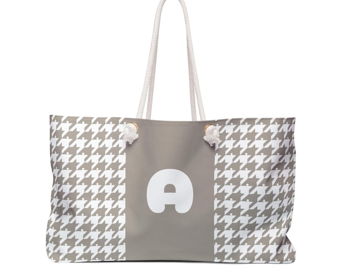 Houndstooth Black, White & Beige Weekender Tote Bag – Personalized A-Z Initial Detail – Women’s Handbag