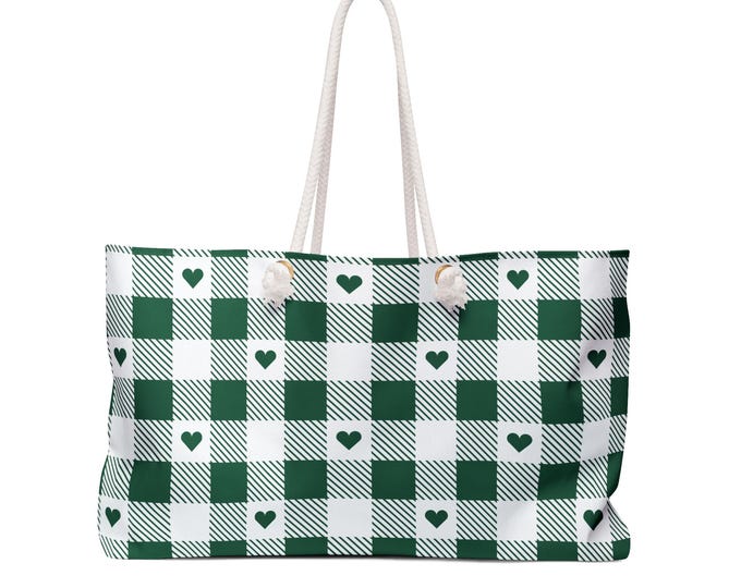 Emerald Green Check Heart Pattern Weekender Bag | Plaid Tote