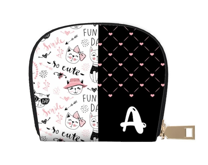 Cute Cats Wallet – Pink, Black & White | Personalized Initial A | Leather Semicircle Card Holder | Women’s Mini Wallet