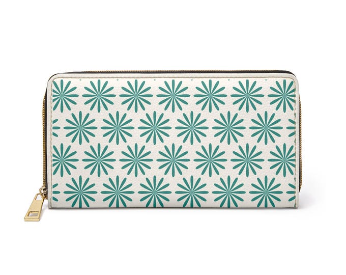 Teal Daisy Tile Zipper Wallet | Floral Geometric Pattern