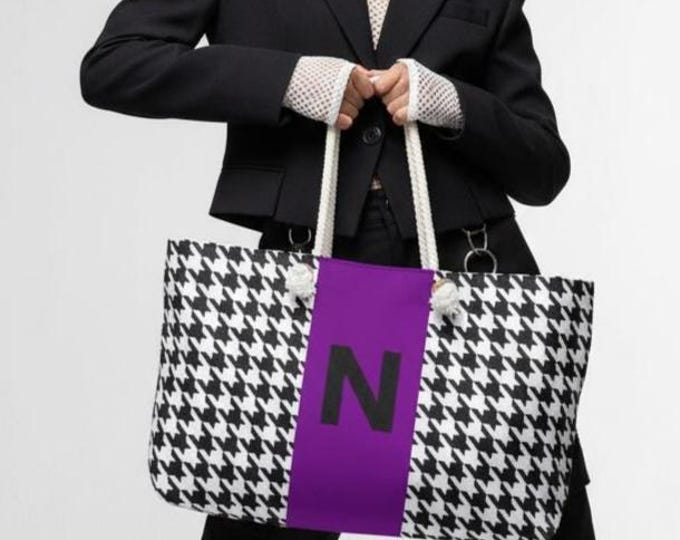Custom Tote Bag | Houndstooth Black, Purple & White Personalized - N Initial