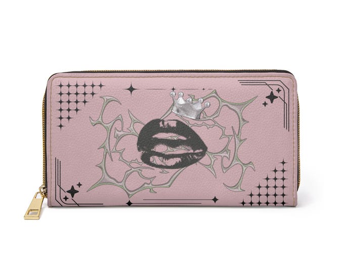 Crowned Lip Print Zipper Wallet | Pink Lipstick Lips, Crown Accent