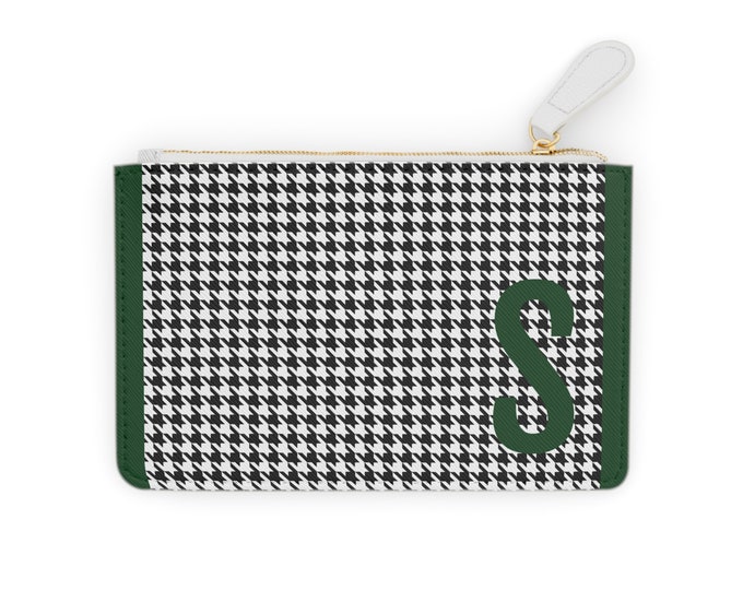 Houndstooth Forrest Green Detail Initialized, S Initial, Personalized Mini Clutch Bag, Womens Zippered Card Holder