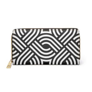 May include: A black and white wallet featuring a geometric design of curved lines. The rectangular wallet has a gold-coloured zip and is made from a durable material. The pattern is a repeating design of black and white lines.