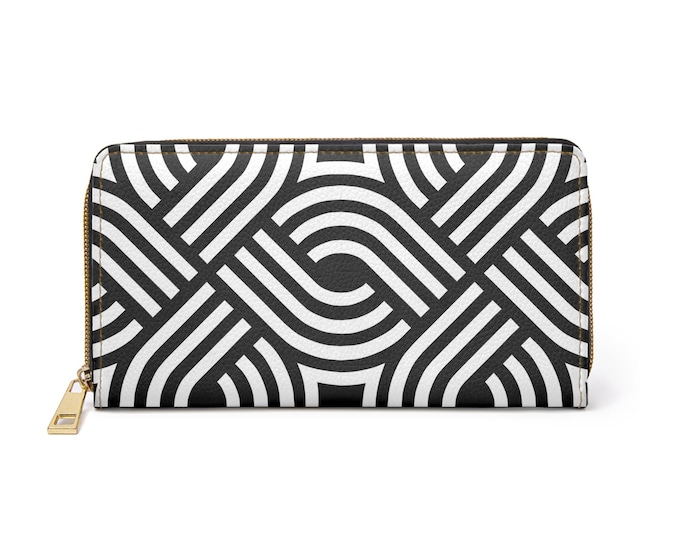 Black White Geometric Wave pattern Zipper Wallet | Modern Abstract Design