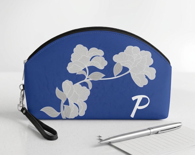 White and Blue Womens Floral Makeup Bag, Personalized with your Initial, Zippered Cosmetic Bag, Initial P